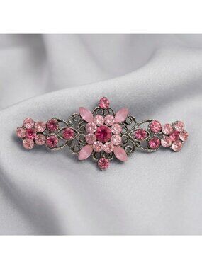 Vintage Pink Rhinestone Floral Bar Brooch Silver Tone Filigree